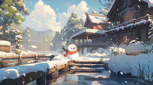 冬天大雪中的可爱木屋与房前可爱的卡通小雪人图片