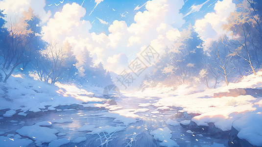 唯美冬天雪后的小溪卡通风景图片