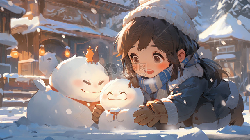 冬天在雪地里堆雪人的可爱卡通小女孩图片