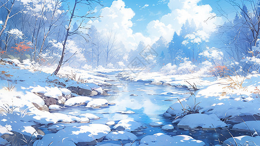 森林中冬天雪后唯美卡通风景背景图片