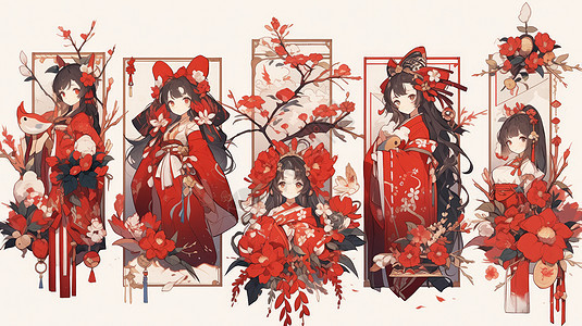 喜庆的古风装扮卡通女孩与红色花朵多个角度图片
