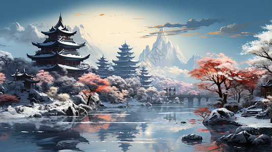 冬天唯美的卡通古风建筑山水风景背景图片