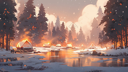 冬天雪后在小河旁温暖的卡通小木屋亮着灯图片