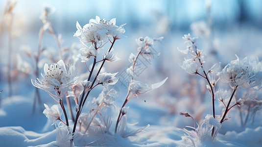 秋叶雪霜在雪中盛开的几株超现实花朵插画