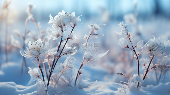 在雪中盛开的几株超现实花朵图片