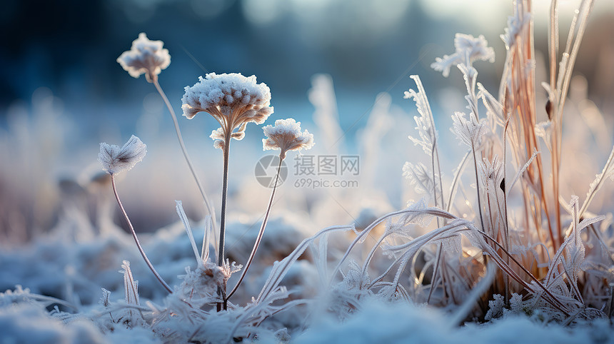 冬天雪地中被霜冻过之后的植物们图片