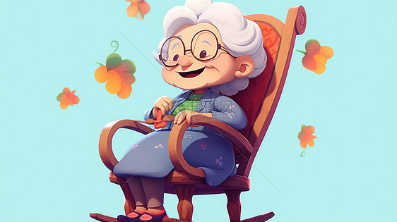 坐在椅子上开心笑的卡通老奶奶图片