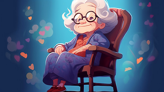 坐在椅子上戴眼镜的卡通老奶奶图片