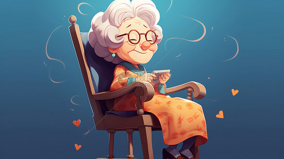 穿橙色长裙坐在椅子上开心笑的卡通老奶奶图片