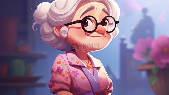 戴黑框眼镜开心笑的卡通老奶奶图片