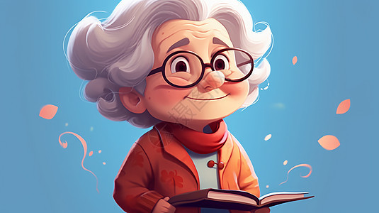打开书籍看书的白色头发卡通老奶奶图片