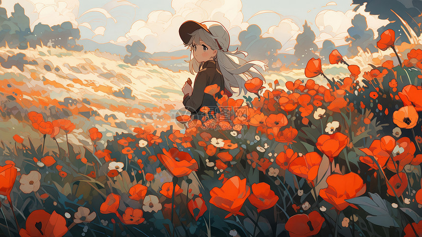秋天站在红色花丛中的可爱长发卡通女孩图片