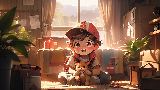 戴着棒球帽坐在垫子上抱着宠物的卡通小男孩图片