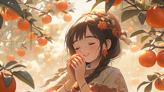 秋天在树下手拿橙色果实的古风装扮卡通女孩图片