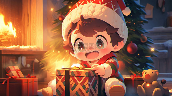 圣诞节开心拆礼物的可爱卡通小男孩图片