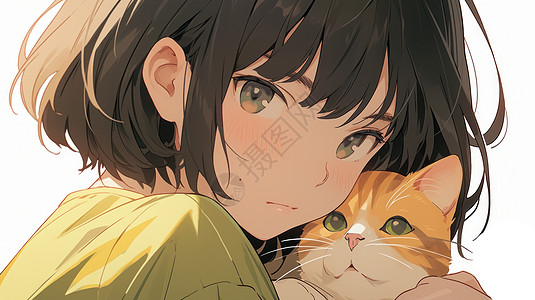 穿着绿色衣服抱着宠物猫的可爱短发卡通女孩背景图片