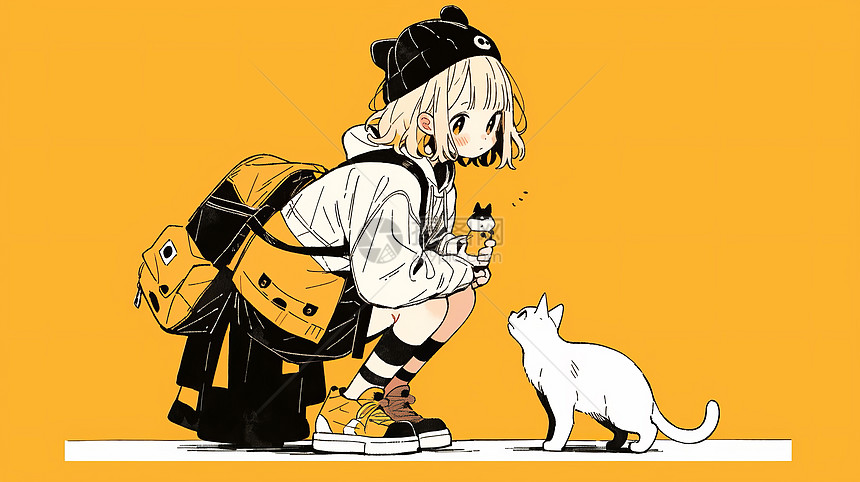 背着书包时尚卡通小女孩正在蹲下看着宠物猫图片