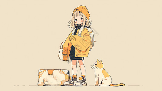 穿时尚黄色外套的卡通小女孩与她的宠物猫图片
