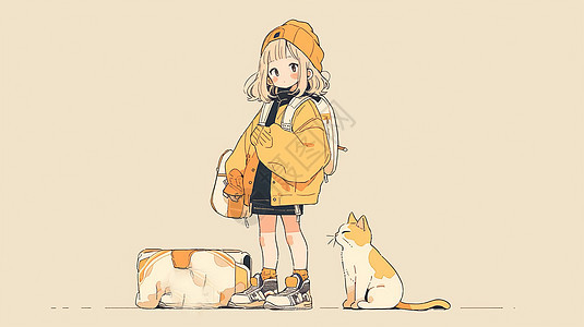 穿时尚黄色外套的卡通小女孩与她的宠物猫背景图片