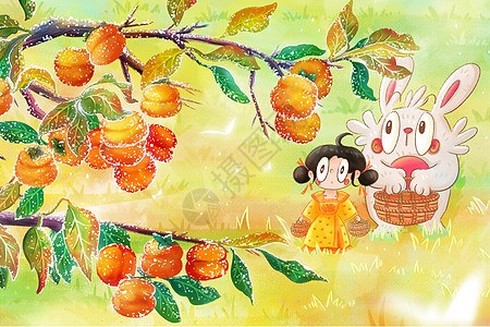 秋天霜降柿子树兔子女孩图片