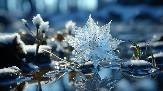 冬天雪地水面上一朵超现实冰花朵图片