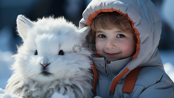 穿着很厚的羽绒服戴着帽子与毛茸茸的宠物在雪地中的小孩图片