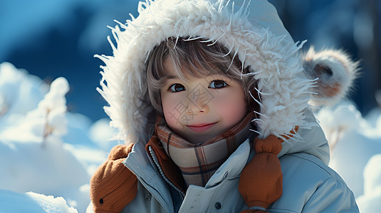 穿着厚厚的羽绒服站在雪地中的可爱卡通小男孩图片