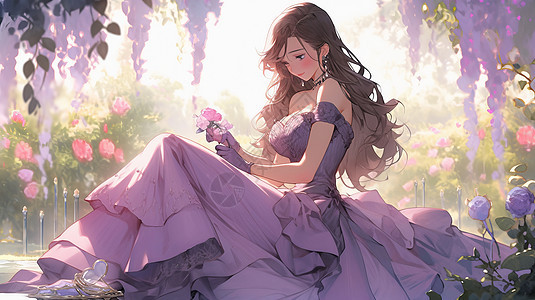 漂亮的卡通女孩穿着紫色公主裙图片