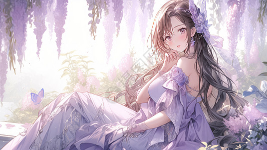 优雅的卡通女孩穿紫色长裙坐在花园中图片
