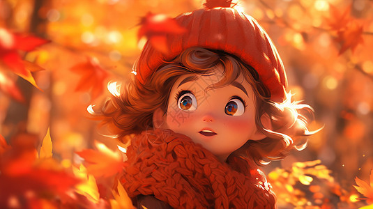 戴着红色毛线围巾的卡通女孩在森林中欣赏落叶图片
