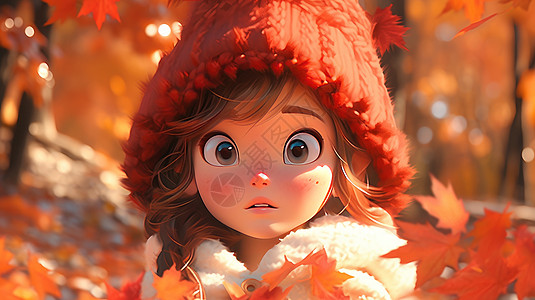 枫叶林中戴着红色粗毛线帽的可爱卡通小女孩图片