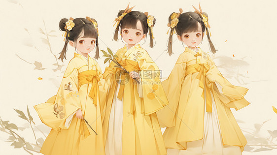 三个穿黄色汉服可爱漂亮的卡通小女孩图片