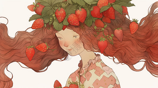 头顶很很多草莓的长发卡通女孩图片