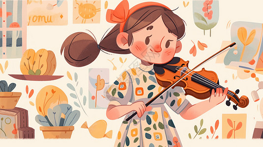 正在拉小提琴的可爱卡通小女孩，图片