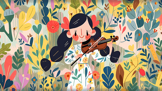 在花丛中拉小提琴的可爱黑色头发卡通小女孩图片