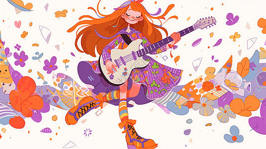 穿紫色裙子开心弹吉他的可爱卡通小女孩图片
