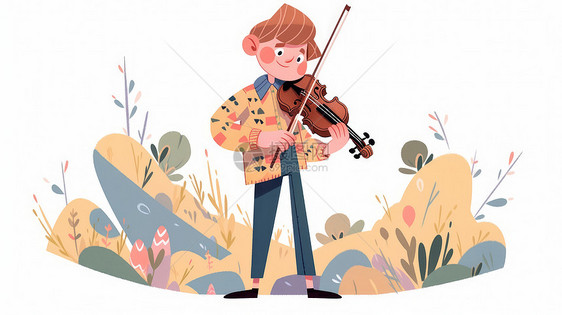 站在花丛中拉小提琴的卡通小男孩图片