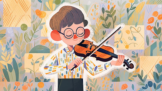 戴着黑色眼镜框拉小提琴的可爱卡通小男孩图片