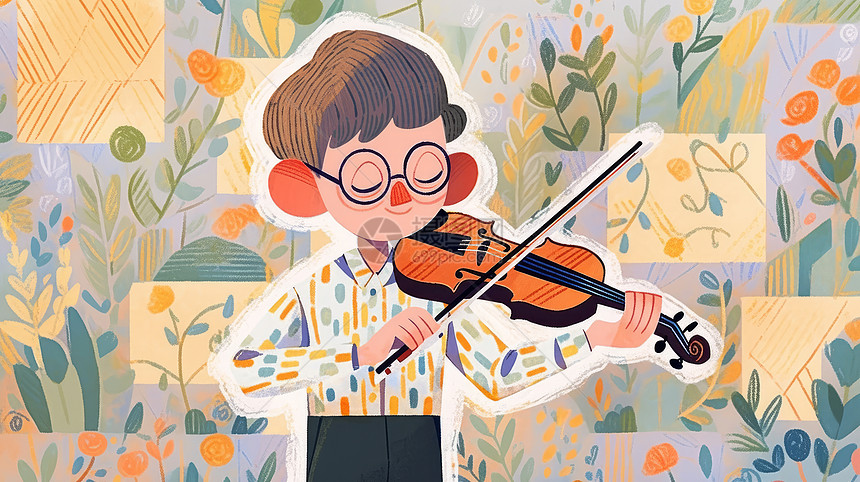 戴着黑色眼镜框拉小提琴的可爱卡通小男孩图片