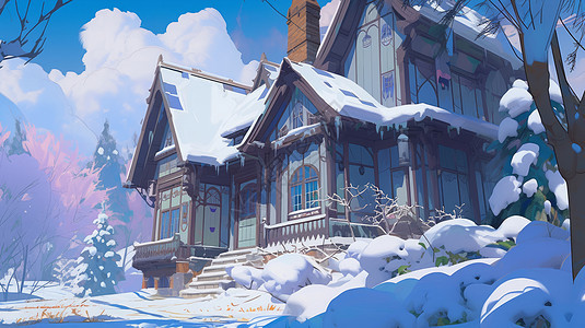 冬天雪中小清新卡通木屋复古房子背景图片