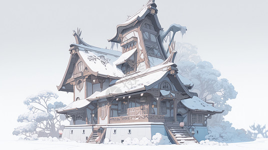 冬天森林中大雪过后美丽的卡通复古房子图片