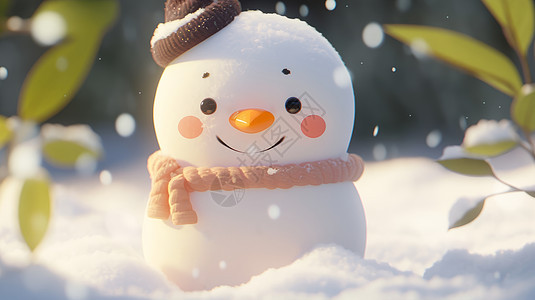 雪地中微笑可爱的卡通小雪人图片