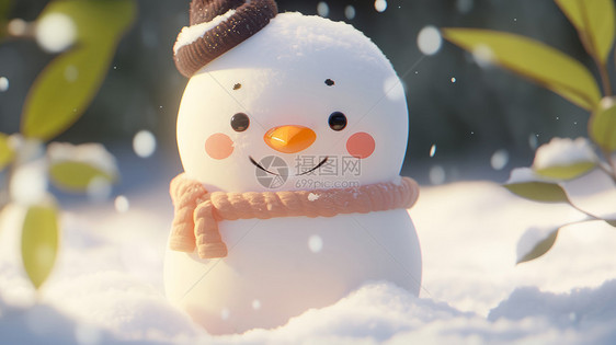 雪地中微笑可爱的卡通小雪人图片