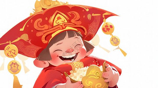 新年穿着红色喜庆服装开心笑的可爱卡通小女孩背景图片