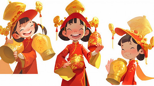 新年穿着喜庆开心笑的可爱卡通小女孩图片