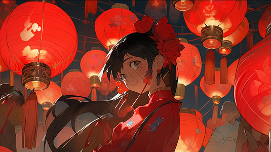 穿喜庆的红色传统服装头戴花朵的卡通女孩在欣赏灯笼图片
