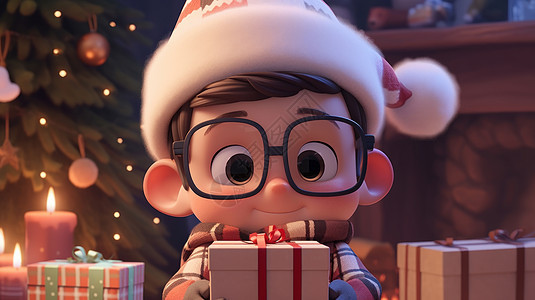 圣诞节抱着礼物盒开心笑的卡通小男孩图片