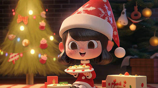 在圣诞树旁端着盘子开心笑的卡通小女孩图片