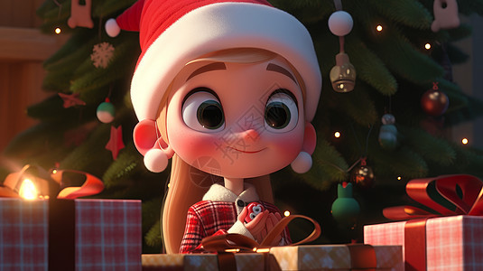 圣诞节在很多礼物旁的可爱卡通小女孩图片