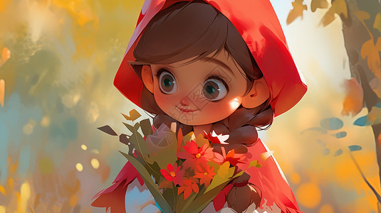 秋天森林中手捧红色花朵的可爱小红帽图片